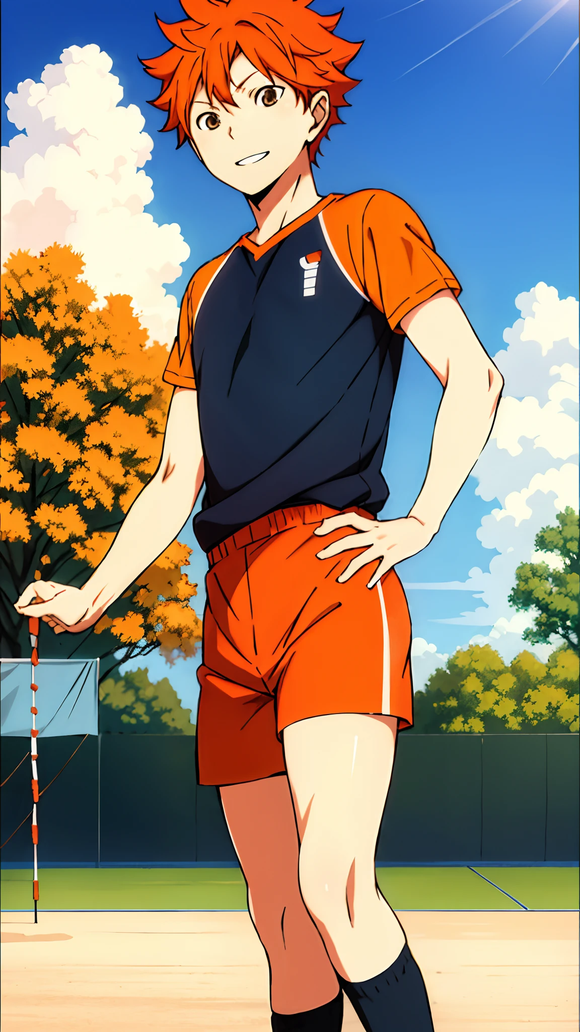 high res, masterpiece, Shouyou Hinata , orange hair, solo, 1boy, male, volleyball court, outside,blue sky, woods, , detailed eyes,