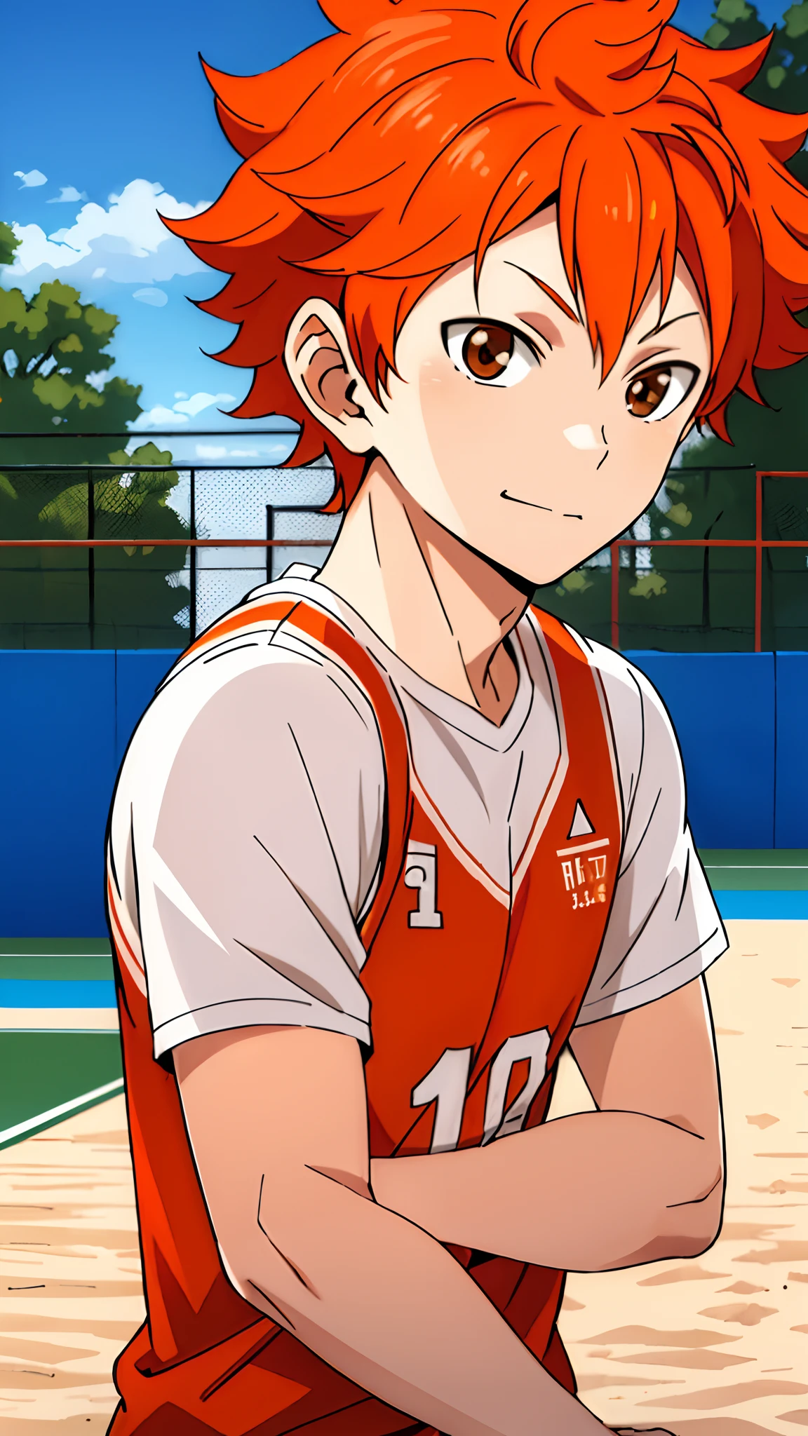 high res, masterpiece, Shouyou Hinata , orange hair, solo, 1boy, male, volleyball court, outside,blue sky, woods, , detailed eyes,