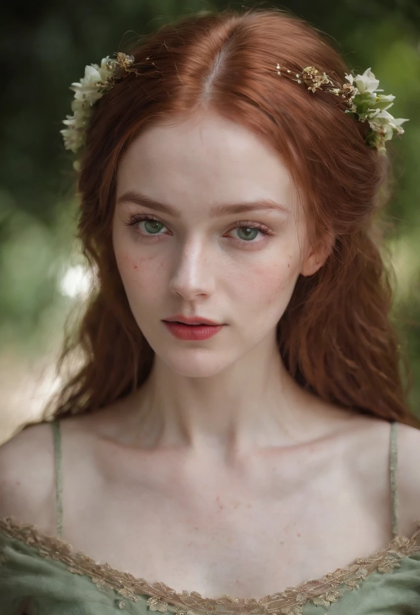 (((a deep reddish wound crosses her left cheek))) fair complexion, woman around 19 years old, natural ginger hair, distinctive green eyes, wearing summer dress, no bra, slender and graceful, beautiful, candlelight in a medieval setting, ultra sharp focus, realistic shot, tetradic colors (scar:1.4)