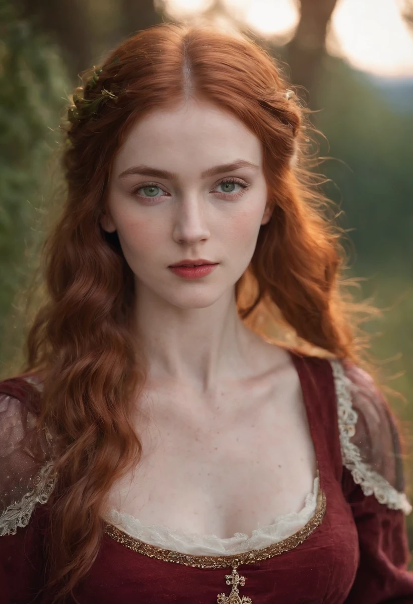 (((a deep reddish wound crosses her left cheek))) fair complexion, woman around 19 years old, natural ginger hair, distinctive green eyes, wearing summer dress, no bra, slender and graceful, beautiful, candlelight in a medieval setting, ultra sharp focus, realistic shot, tetradic colors (scar:1.4)