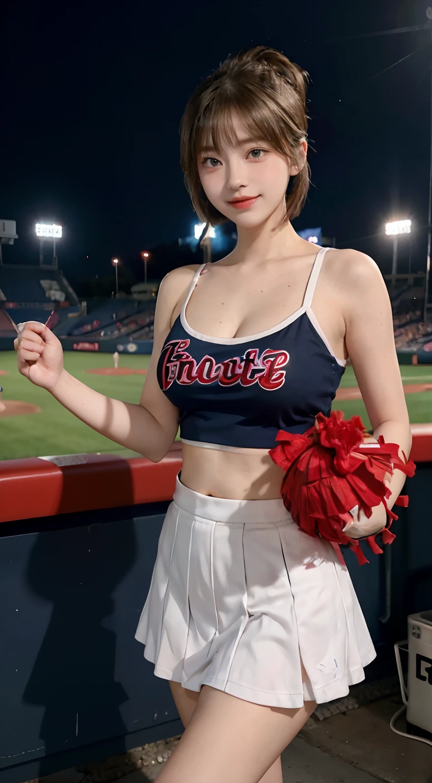 17 year old cute Korean、big round chest、cleavage of the breast、cheerleaders、Baseball team cheerleader、skirt by the、beautiful eyes finely detailed、eye lashes、Beautiful double eyelids、eyeshadows、Slender eyes、Perfect eye makeup、Seductive smile、beautiful and thin legs、Bright blonde hair、bob cuts、poneyTail、appearance々Hairstyle、耳Nipple Ring、Stands at the baseball stadium at night、natta、Red pompons