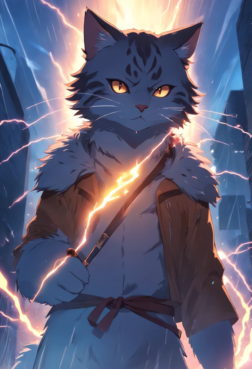 Humanoid cat, Lightning, Dark night, Face details, fur, glowing light eyes, Muscle armor, big sword, high realistic, hill, blur backgroun, 4K, High contrast, black shadows, Shaders, Ray tracing, water, Splash, medieval, Burning, Fire, Lightning, Slash, Fur face, full bodyesbian, Eye contact, Furry, Tall, Blind, Rained