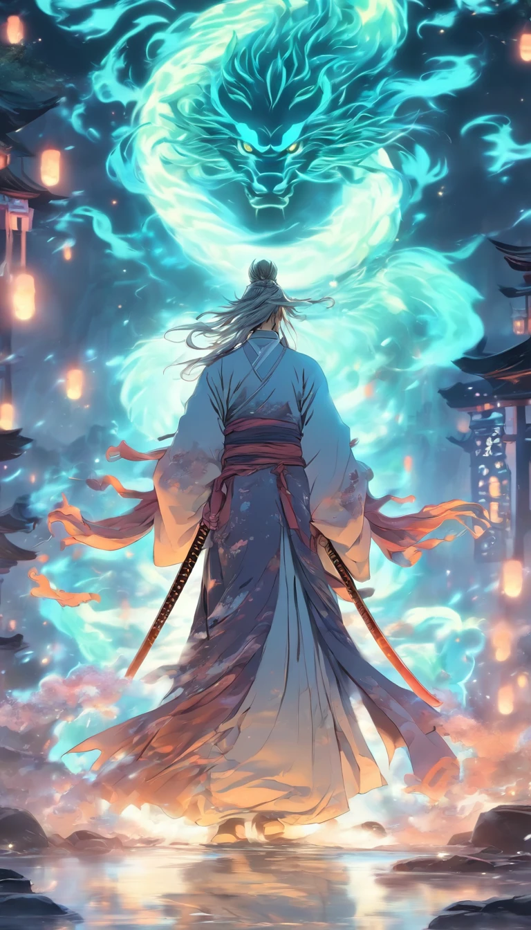 China-style，中景 the scene is，The Taoist priest stood in front of a huge transparent Chinese sword，Stretch your hands，Long messy hair，Glow effects，Hyper-realistic，Ultra photo realsisim，Chinese black and white ink style，Silver，Decolorization，Smudge，ink，8K，super-fine，high qulity，OC renderer