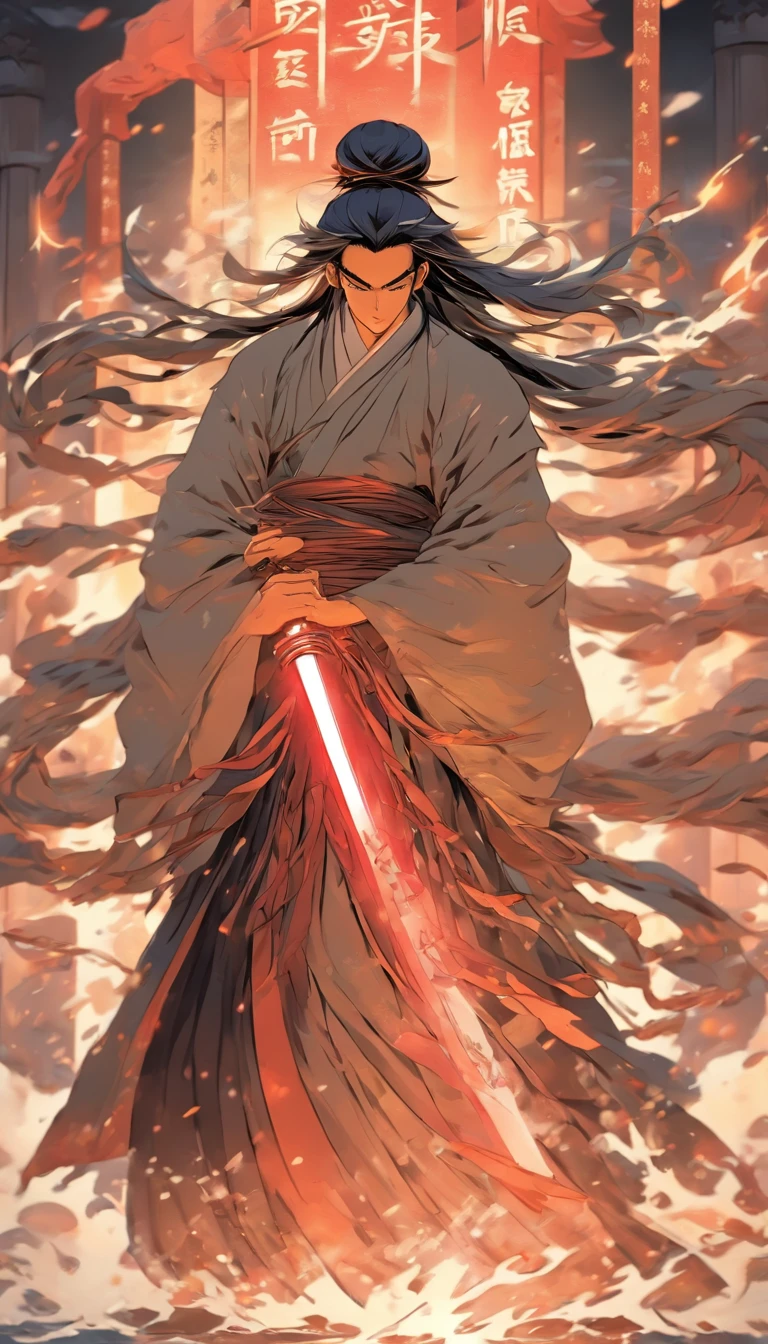 China-style,中景 the scene is,The Taoist priest stood in front of a huge transparent Chinese sword,Stretch your hands,Long messy hair,Glow effects,Hyper-realistic,Ultra photo realsisim,Chinese black and white ink style,Silver,Decolorization,Smudge,ink,8K,super-fine,high qulity,OC renderer