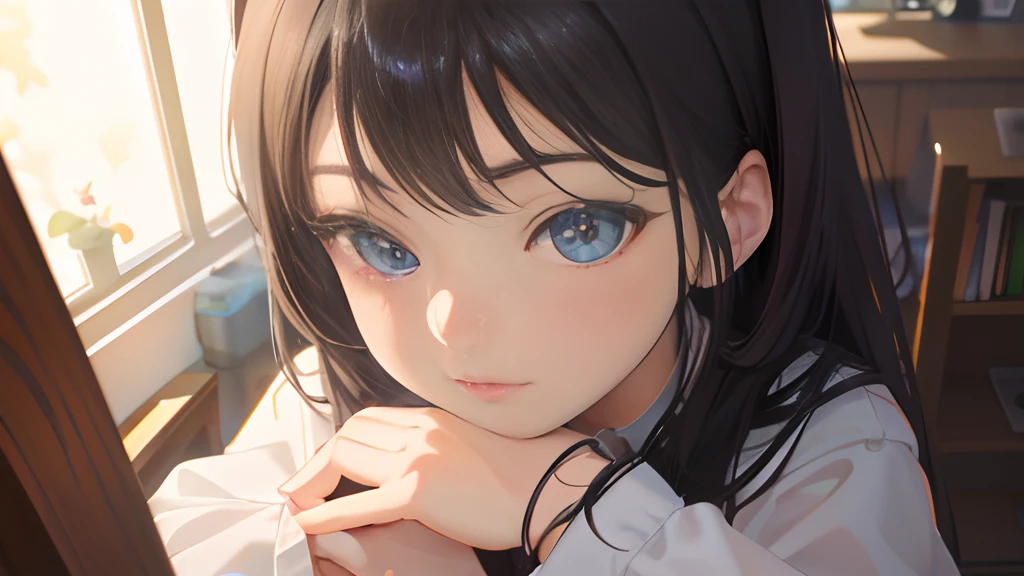 Anime girl with long black hair and blue eyes looking at camera, Smooth Anime CG Art, kawaii realistic portrait, realistic anime 3 d style, a hyperrealistic schoolgirl, detailed portrait of an anime girl, close up of a young anime girl, photorealistic anime girl render, Anime visuals of cute girls, Detailed Digital Anime Art, a hyperrealistic schoolgirl, photorealistic anime