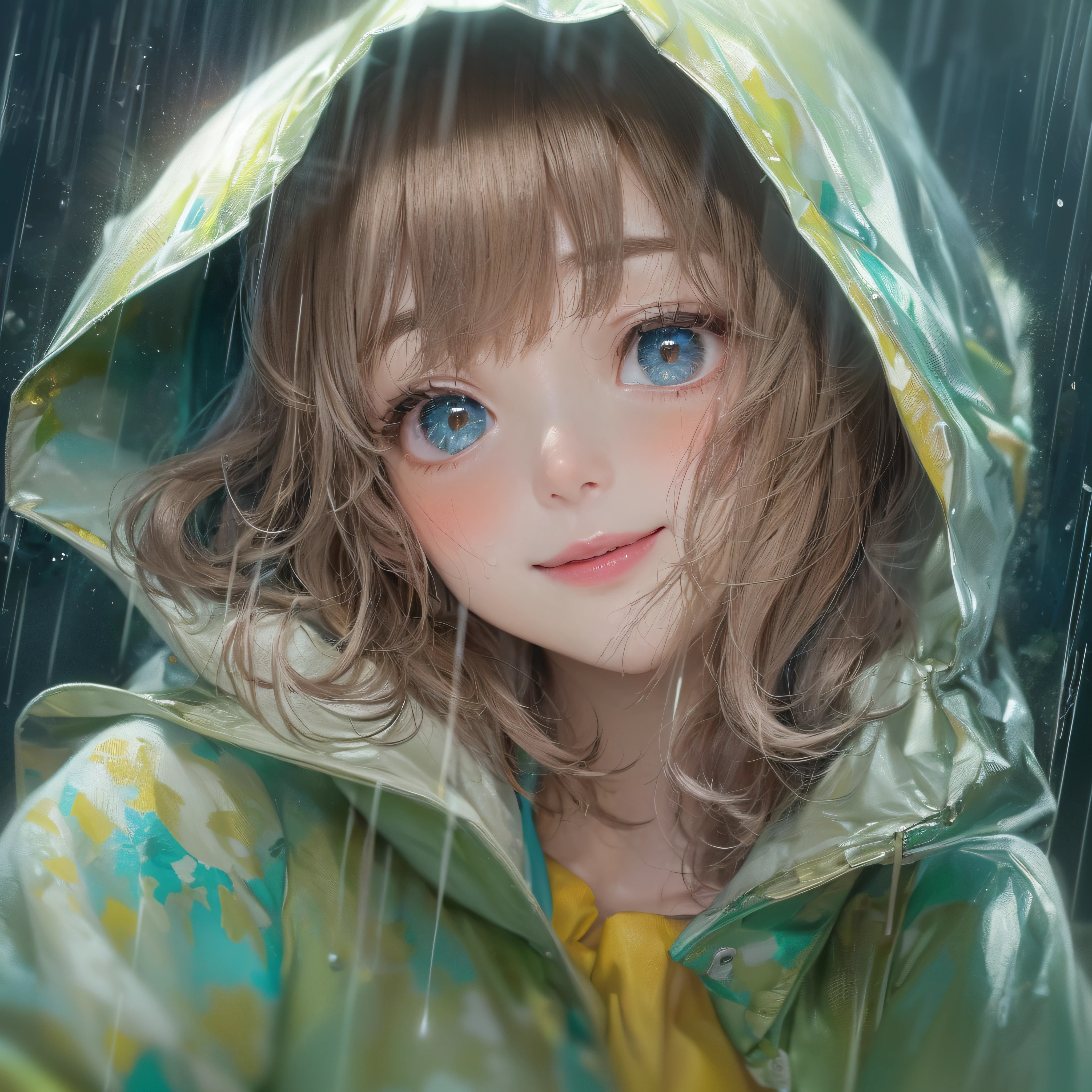 it is raining、Kanojo gets wet in the rain、Close up of smiling looking up、Facing the front、makeup、raincoat、Raincoat Costume、Cosplay、(masterpiece、realisitic、hight resolution)、(1 girl in):1.2)、Do-Up Eye、Korean Girl、(Best Quality), (masutepiece), (1girl in), Solo, Beautiful Girl, Perfect face, dreamlikeart、Highly detailed airbrush art(((Surreal))、intricate detailes、Volumetric lighting、(masterpiece:1.2)、(top-quality)、The ultra-detailliert、(The composition of the movement:1.4)、Highly detailed colorful details、(Bright lighting、Atmospheric lighting)、Magical、dynamic compositions、Ray traching、The mirror reflects light、Shallow depth of field、ultra-detailliert、mixing exposure、nffsw、Super masterpiece、Her eyes are shining、Her face is wet from the rain、There is a sheen on her lips、An air full of smiles and adventurous spirit、Town
