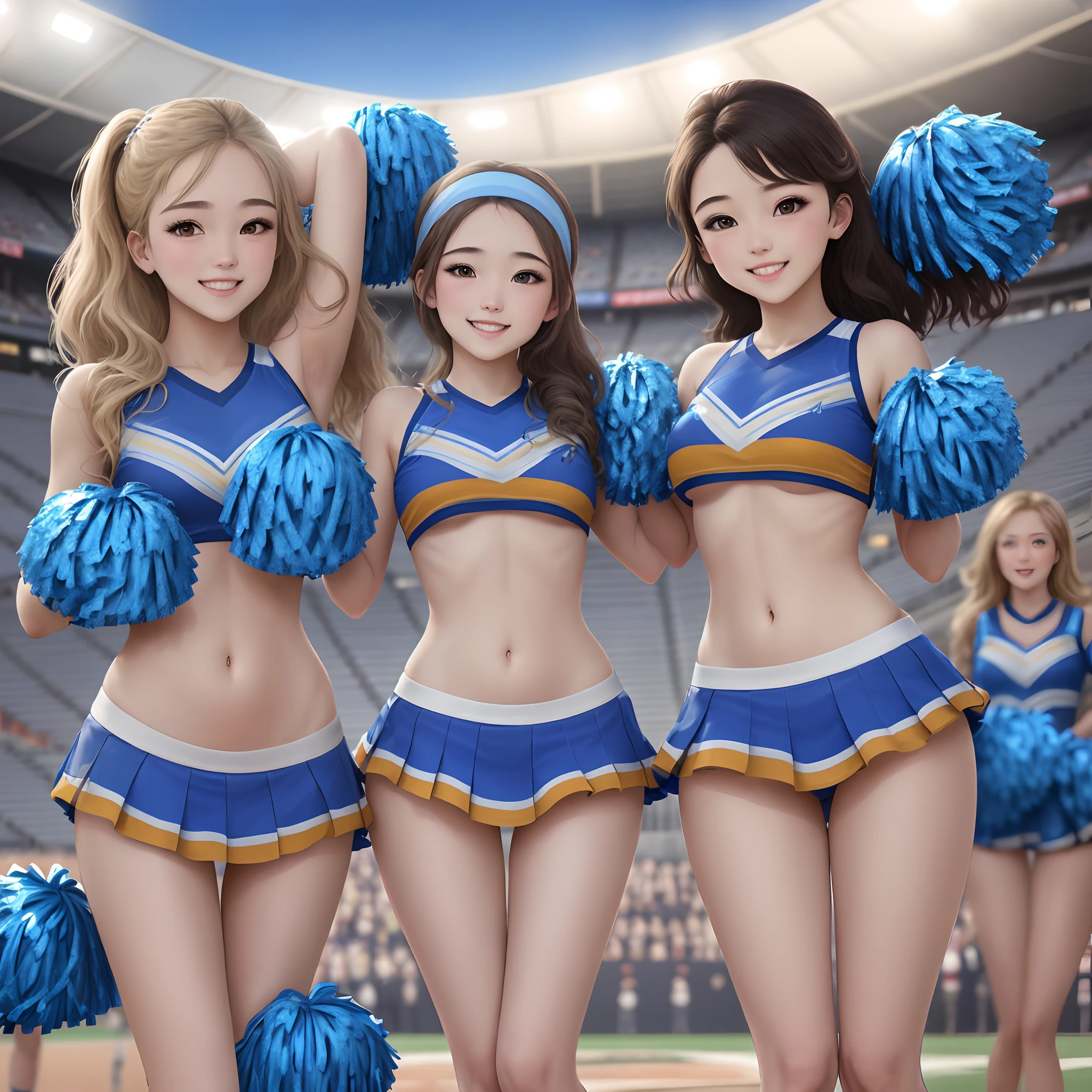 obra prima, qualidade superior, Detalhes detalhados, Paisagens detalhadas, luzes bonitas, uma ,28 anos,Sorrindo,suor cintilante,levantar as pernas,Texturas detalhadas da pele,((Cheerleaders))、stadium、(sky-blue)、raios luminosos、(uma minissaia),alto contraste,super low angle