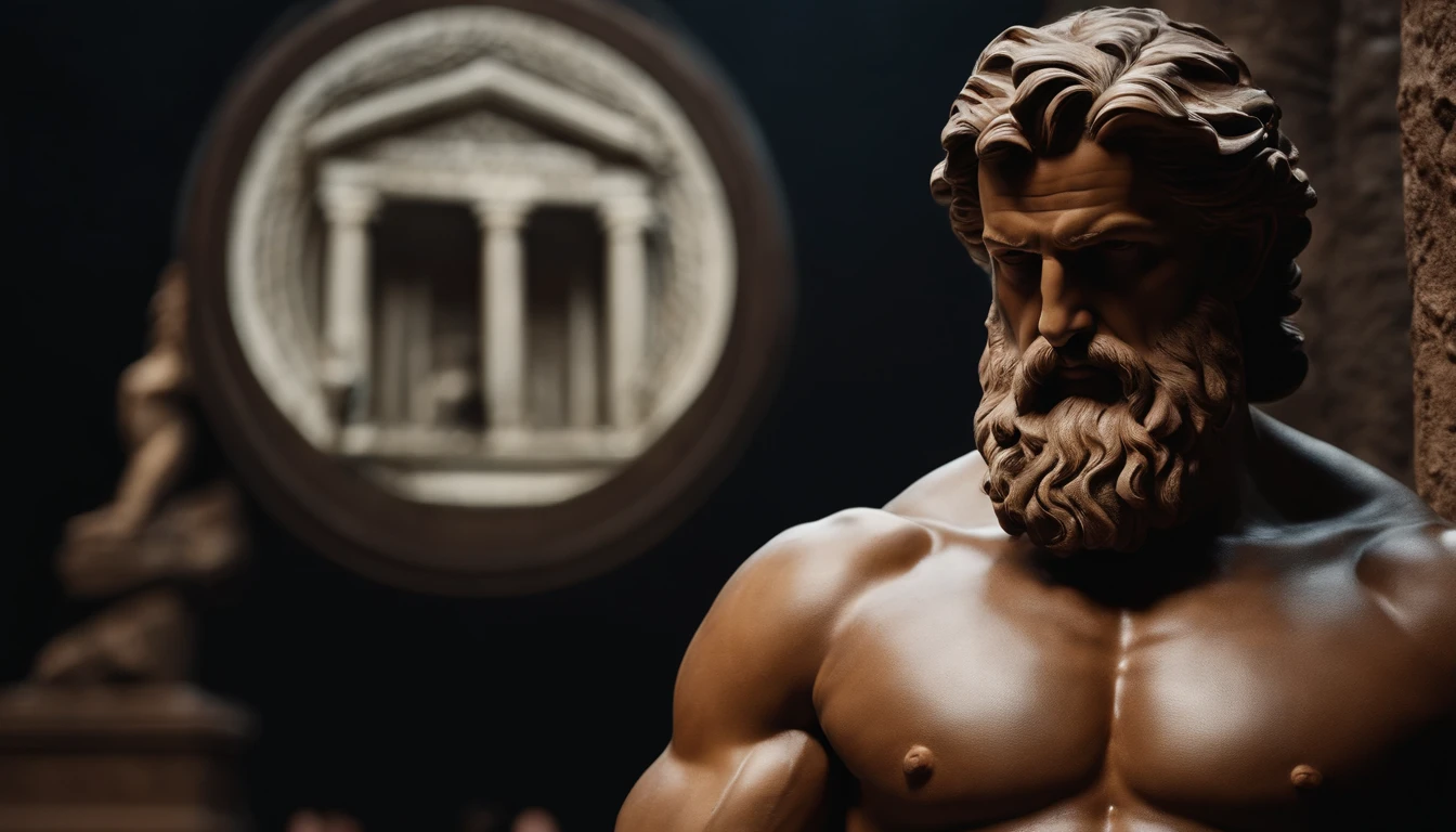 Stock Gricki Stoic
which is the Greek historical status with
Hercules profile muscles
Cinematic 8k and dark background