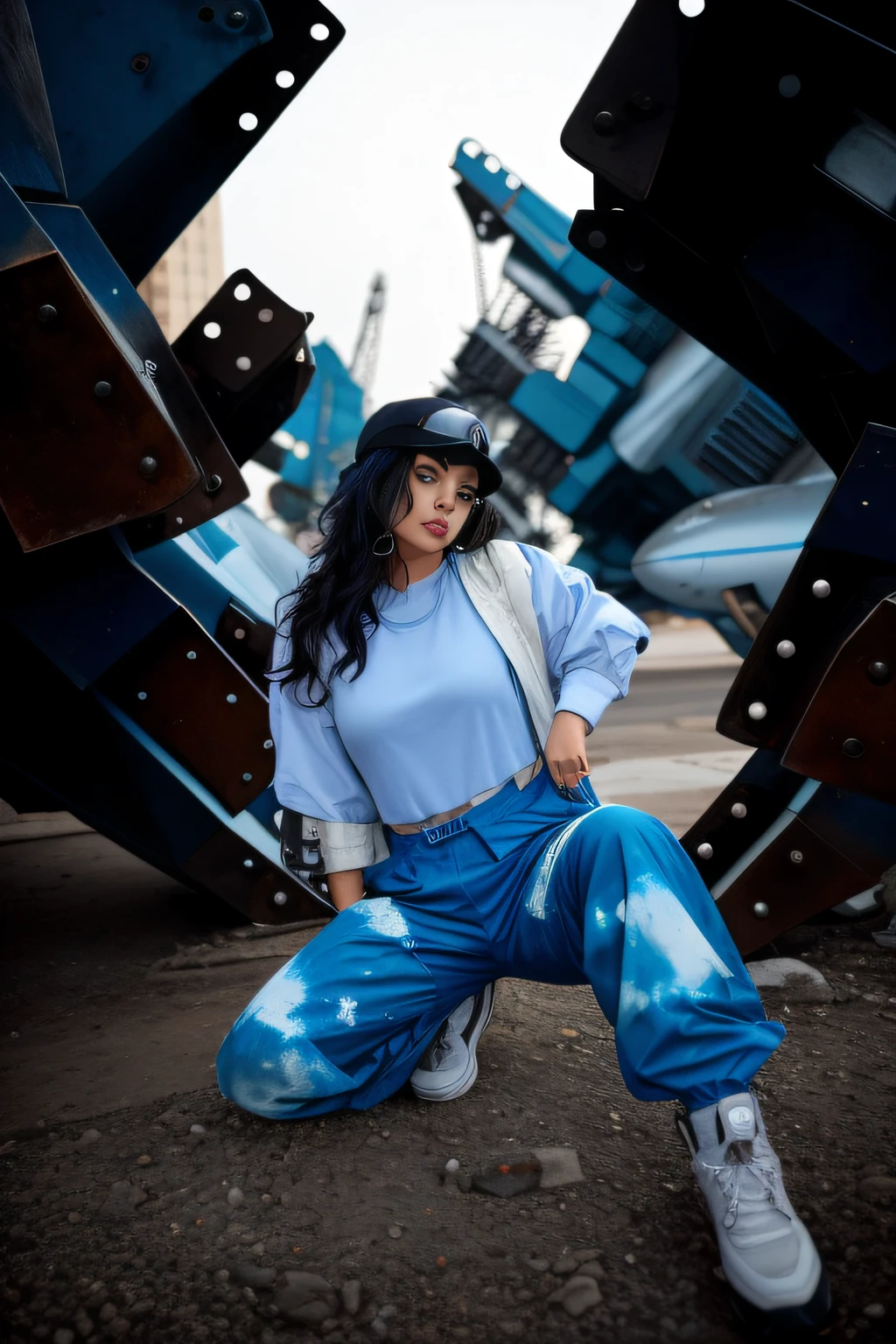 araffe sitting on the ground in front of a sculpture of a woman, blue pants, cyberpunk style outfit, cinematic outfit photo, wearing atompunk jumpsuit, cargo pants. cyberpunk city, stylish pose, photograph of a techwear woman, blue outfit, wearing space techwear, in a post apocalyptic setting, she is wearing streetwear, outfit photo, casual photography
