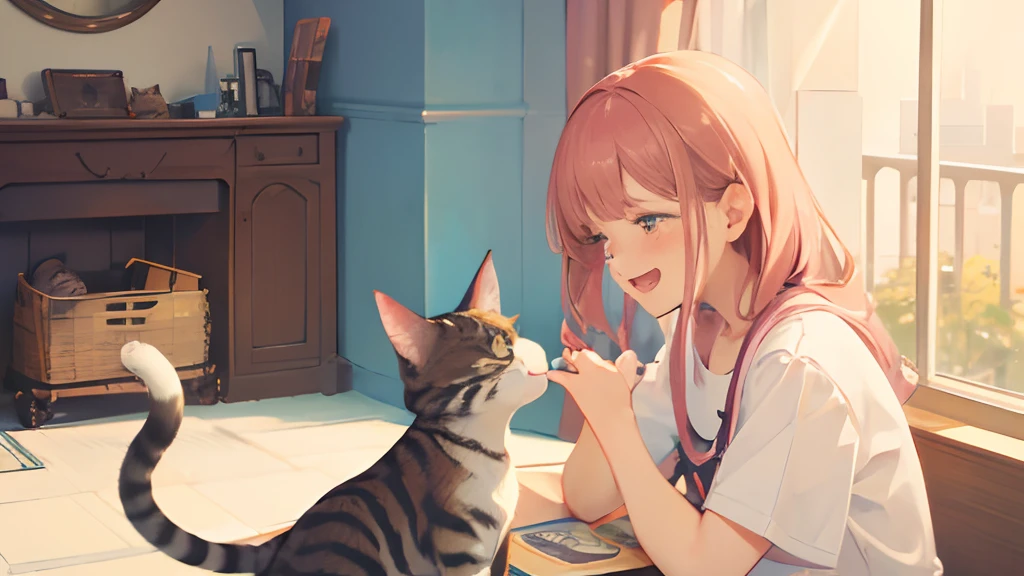(masterpiece,Top image quality,High Quality),Girl stroking a cat,cute face,Laughing,cat:0.2,girl with:0.8,shot from front,Grand Eye View
