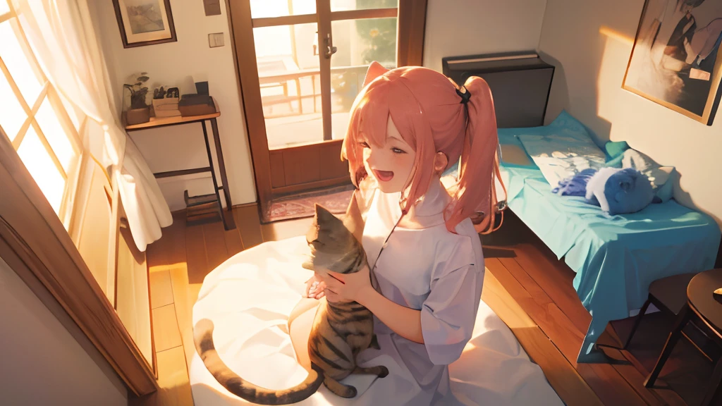 (​masterpiece,Top image quality,High Quality),Girl stroking a cat,cute  face,Laughing,cat:0.2,girl with:0.8,shot from front,Grand Eye View