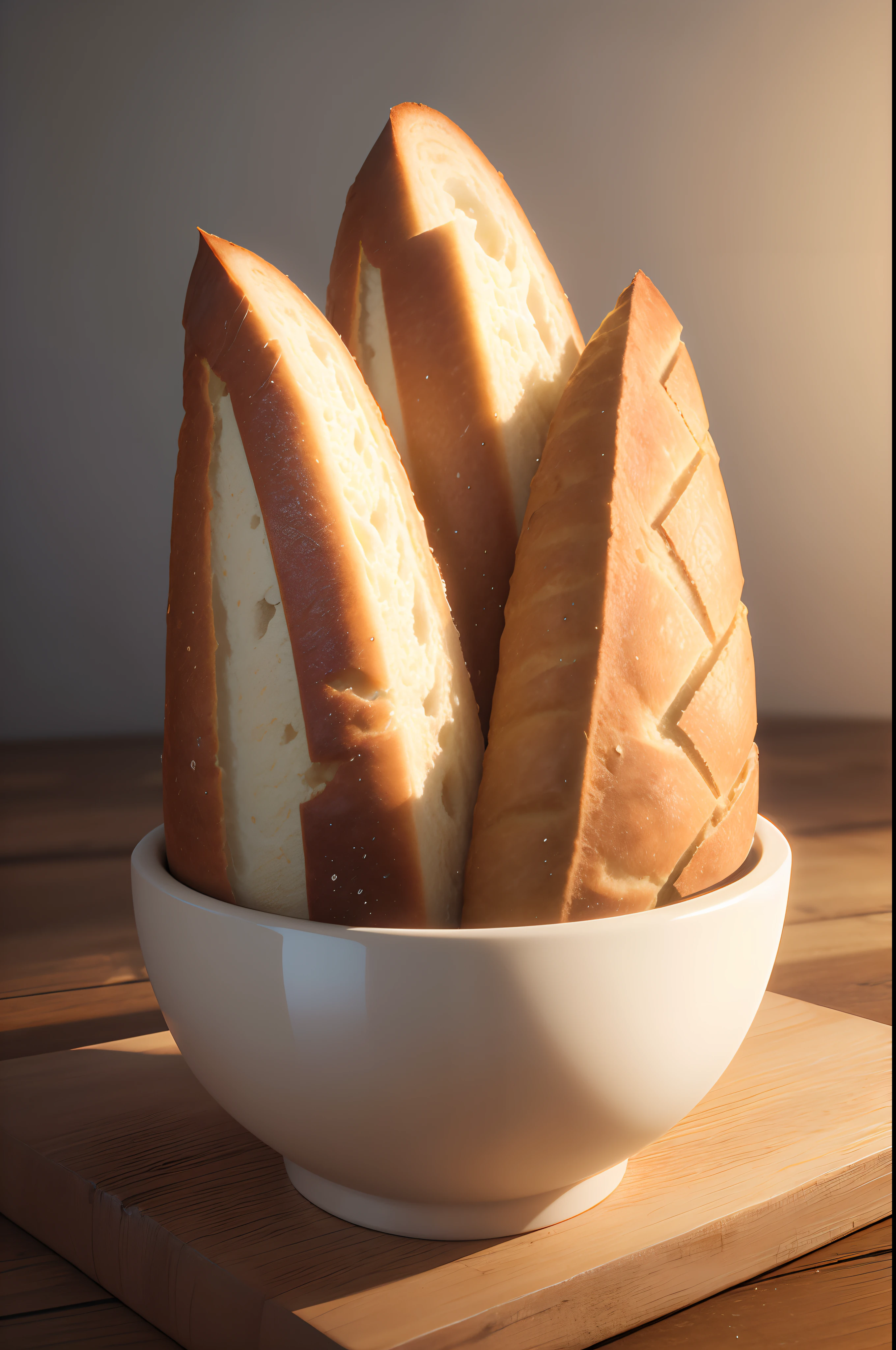 (melhor qualidade,Realistic,3D rendering,ultra-detalhado),a French bread_com_casca com uma crosta perfeitamente dourada, in a realistic 3D rendering. The texture of the bread should be ultra-detailed, . A crosta deve ter uma bela cor dourada profunda, com um leve brilho para melhorar o efeito realista. The bread should look fresh and inviting, Lighting should emphasize the texture and highlight the golden color of the crust. realistic French bread . realidade