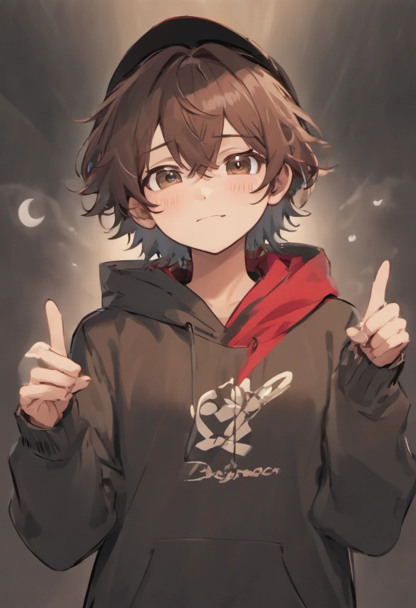 ((boy)),((dark brown light curly hair)), ((wearing grey hat)), ((hat type: bucket hat)), ((hat couler: grey)), ((desighn on hat: simple white smiley face)), ((wearing grey bucket hat with a simple white smiley face )), ((brown hair)), ((race:hispanic)), ((chlothing: red hoodie)), ((wearing red hoodie)), ((nothing on red hoodie)), (( basic red hoodie)), ((pose: doing a peace sighn with his hands)),((happy)), ((eyes closed)), ((smiling)),((eyes closed because of smiling)), ((black pants)), ((red and black))