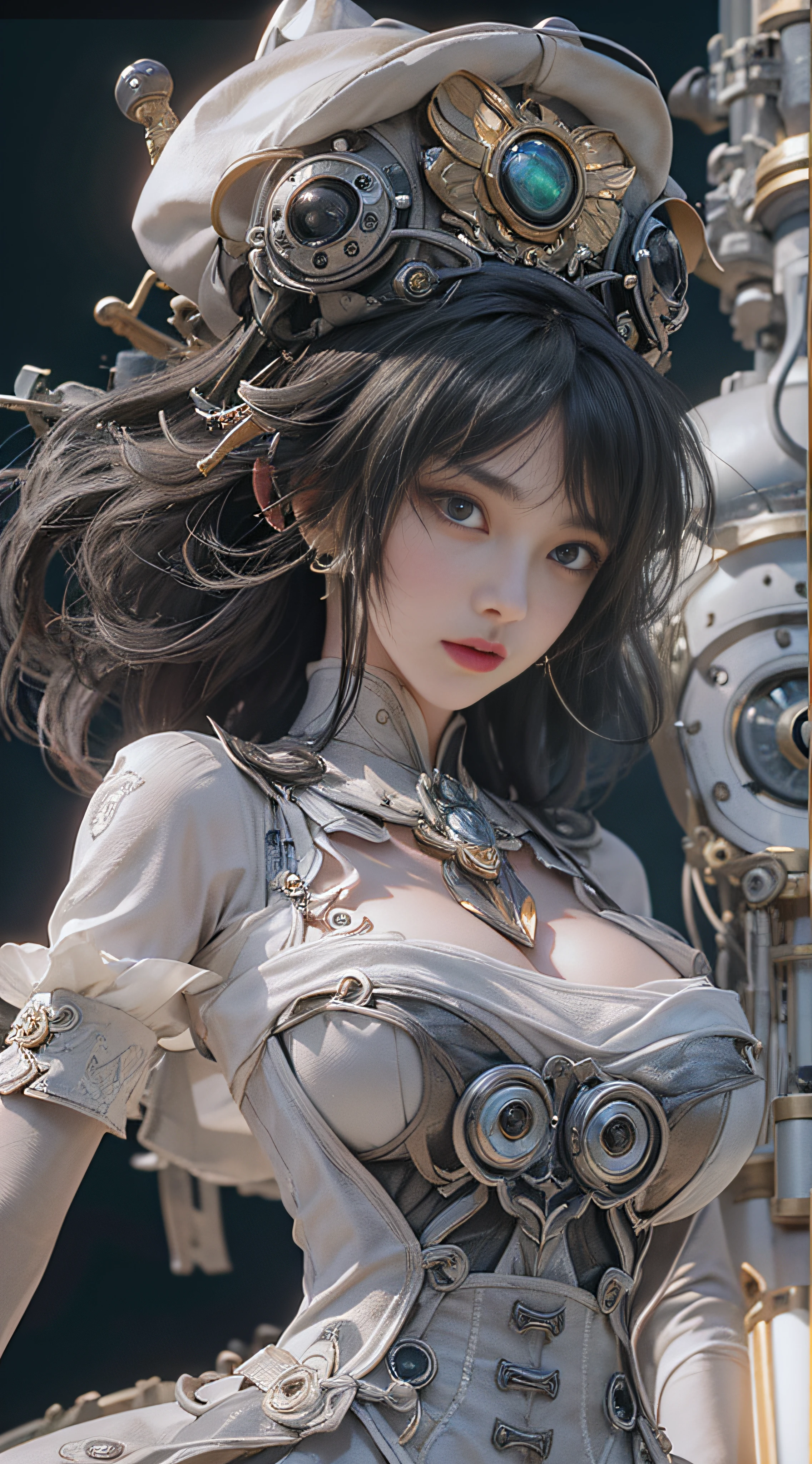 top-quality、masterpiece、超A high resolution、(Photorealsitic:1.4)、Raw photo、1人、Black hair、glowy skin、1 Mechanical Angel、large metal wings、Shining Angel Circle、((super realistic details))、portlate、globalillumination、Shadow、octan render、8K、ultrasharp、Colossal tits、Raw skin is exposed in cleavage、metals、Details of complex ornaments、Steampunk details、vacuum tubes、Nixie Kan、Oil pressure gauge、Glass Kan、Analog Meter、gear wheel、gear、Hydraulic cylinder、highly intricate detail、Realistic light、a purple eye、radiant eyes、Facing the camera、neon details、Mechanical limbs、blood vessels connected to tubes、Mechanical vertebrae attached to the back、mechanical cervical attaching to neck、sitting on、Wires and cables connecting to the head、Small LED lamp、Sumerian details、