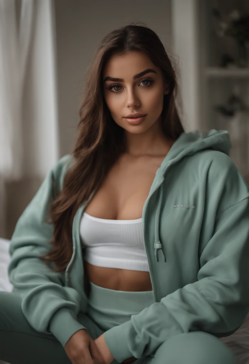 arafat woman in matching sportwear, sexy girl with brown eyes, portrait Sophie Mudd, brown hair and big eyes, young woman selfie, bedroom eyes, purple myers, no makeup, natural makeup, looking directly into the camera, face with artgram, subtle makeup, stunning full body shot , in a gym, cleavage