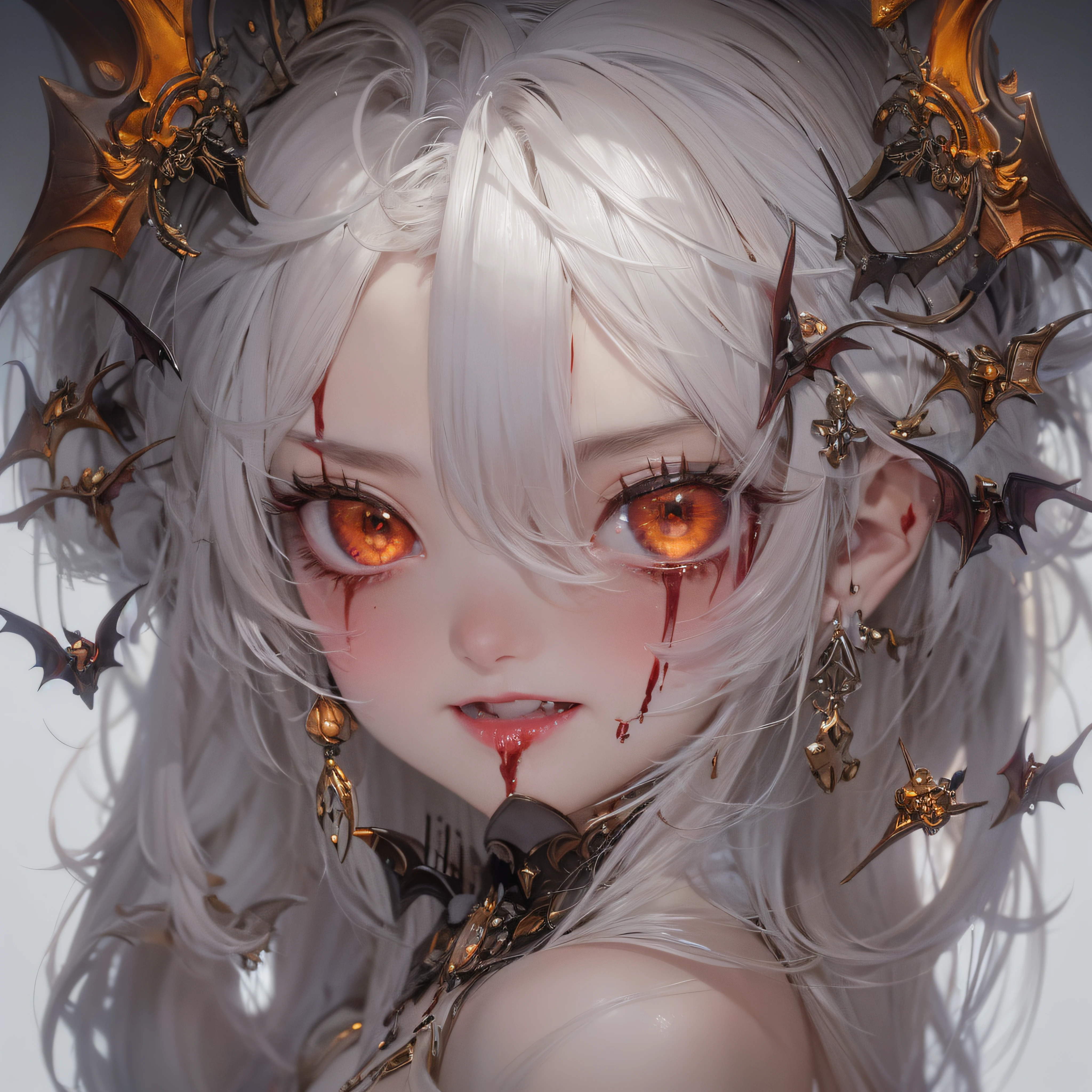 Vampires、tusk、Close up of face with fangs bared、Facing the front、makeup、vampire girl、Vampire costume、Cosplay、(masterpiece、realisitic、hight resolution)、(1 girl in):1.2)、Do-Up Eye、Korean Girl、(Best Quality), (masutepiece), (1girl in), Solo, Beautiful Girl, Perfect face, dreamlikeart、Highly detailed airbrush art(((Surreal))、intricate detailes、Volumetric lighting、(masterpiece:1.2)、(top-quality)、The ultra-detailliert、(The composition of the movement:1.4)、Highly detailed colorful details、(Bright lighting、Atmospheric lighting)、Magical、dynamic compositions、Ray traching、The mirror reflects light、Shallow depth of field、ultra-detailliert、mixing exposure、nffsw、Super masterpiece、Her eyes are glowing red、A dark-haired、Her vampire face is full of anticipation and courage、Blood dripping on her lips、An air full of smiles and adventurous spirit、At the rear、caves、coffin、Vampire bats、