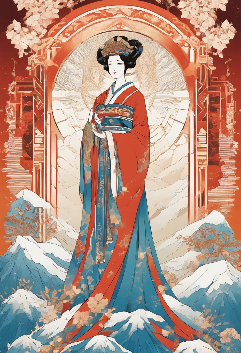 Kikurihime Hakusan, Goddess standing on snowy Hakusan mountain. Kikurihime's background is a cloudless blue sky。