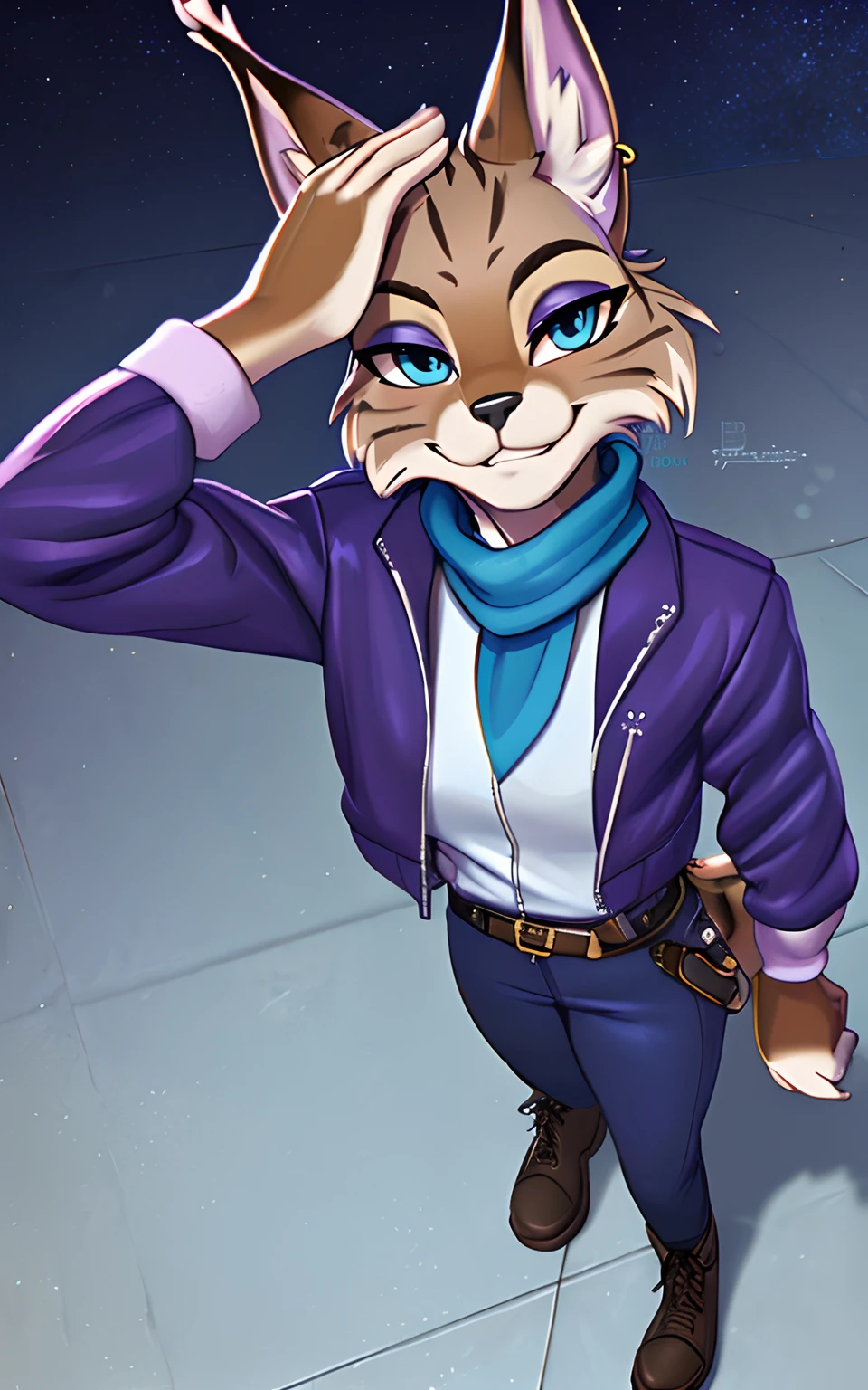 [Miyu Lynx], [Starfox 2], [Uploaded to e621.net; (mayosplash), (Pixelsketcher)], ((masterpiece)), ((solo portrait)) ((bird's-eye view)), ((furry; anthro lynx)), ((detailed fur)), ((detailed shading)), ((beautiful render art)), ((cel shading)), {(female anthro lynx), (brown fur black stripes, black nose, (long pointed lynx ears), (gold earring on LEFT ear), dark blue eyes, (seductive gaze), (indigo eyeshadow), (smug grin), (defined legs)}, {(purple zip-up track jacket), (turquoise scarf), (white leather jacket with shiny texture), (purple pants), (utility belt with gold triangle belt buckle), (grey combat boots)}, {(standing on concrete), (hand on head)}, [background; (air force base), (jet runway), (starry sky), (full moon)]
