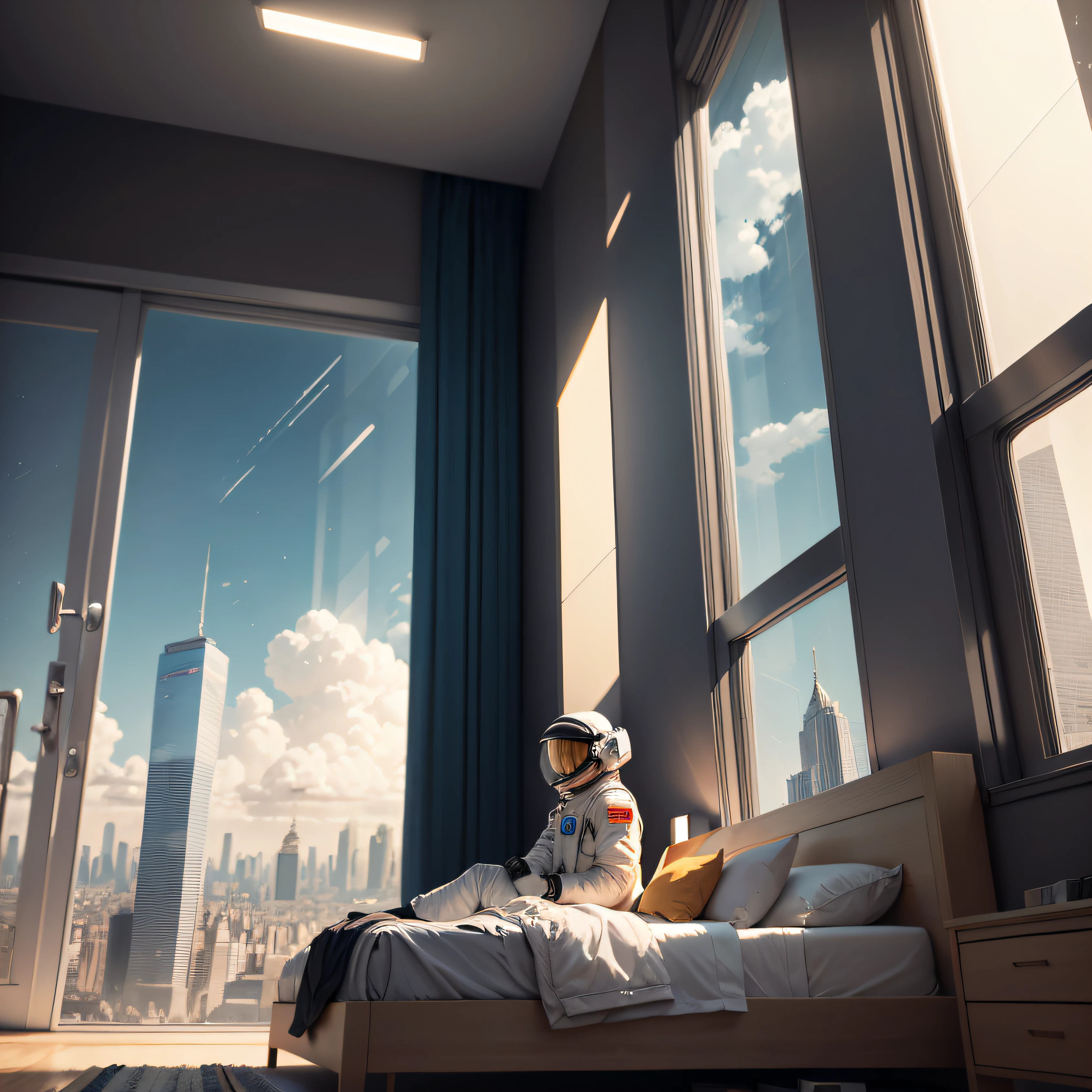 Astronaut in his white space suit sitting on his bed in a large bright room of a skyscraper in the morning, The tall windows of the building let you see the Metropolis in the background of the scene. The day is sunny, imagem hiperrealista, astronauta bem definidos, Accessories, Corpo, headpe, Hands, futuristic room and architectural ambience, e detalhes bem definidos, in the background a blue sky with white clouds in 3D, tudo em 8k, High quality image resolution, Hyperrealism in fiction illustration, pintura fosca digital