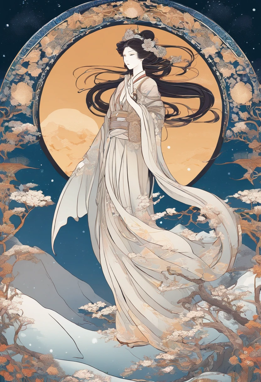 Kikurihime Hakusan, Goddess standing on snowy Hakusan mountain. Kikurihime's background is a cloudless blue sky。