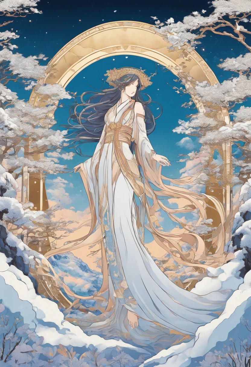 Kikurihime Hakusan, Goddess standing on snowy Hakusan mountain. Kikurihime's background is a cloudless blue sky。