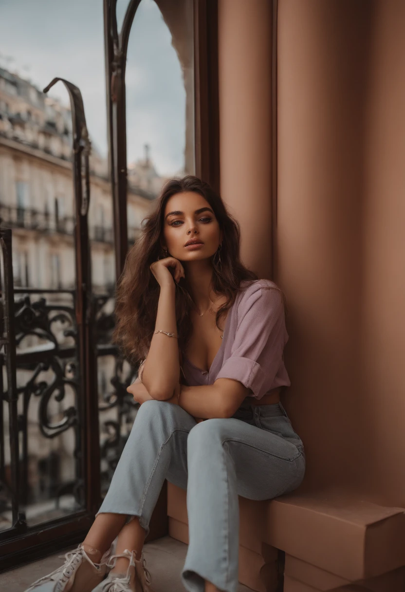 arafat woman in matching streetwear, sexy girl with brown eyes, portrait Sophie Mudd, brown hair and big eyes, young woman selfie, bedroom eyes, purple myers, no makeup, natural makeup, looking directly into the camera, face with artgram, subtle makeup, stunning full body shot , in a Paris, cleavage