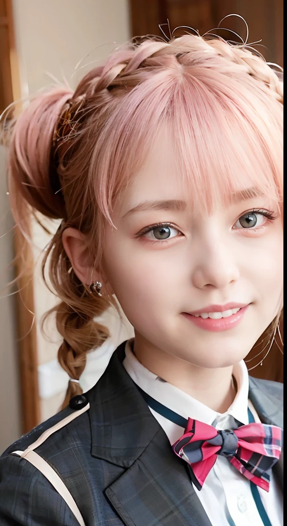 (ultra-detailliert), Tartan check jacket,high-school uniform、Blue eyes,The upper part of the body、a closeup、faces、(A smile:1.5),(facing front:1.2), 20yr old, teens girl,no tail,(no tail),2D, ​masterpiece, top-quality, animesque, A detailed eye, A detailed face, girl with, Only 1 person,Medium hair with pink hair, (Golden hair),  Ear Hair, small tits, Single braid, (Single braid), (Side braid), Golden Ribbon, Ribbon around the neck, Background inside the school
