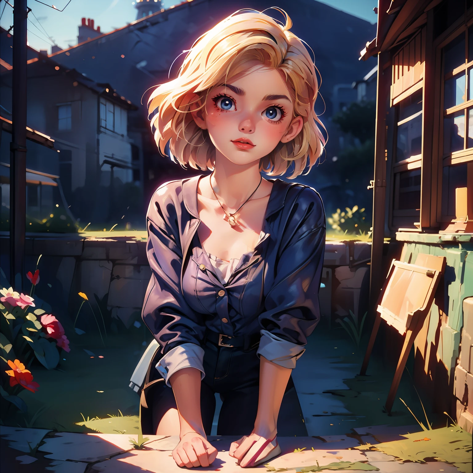 masterpiece, close up, digital paint, (Cute girl, 20 years old, blond short hair ), at the top of eiffel tower in paris by Jim Lee. 1980s \(style\),