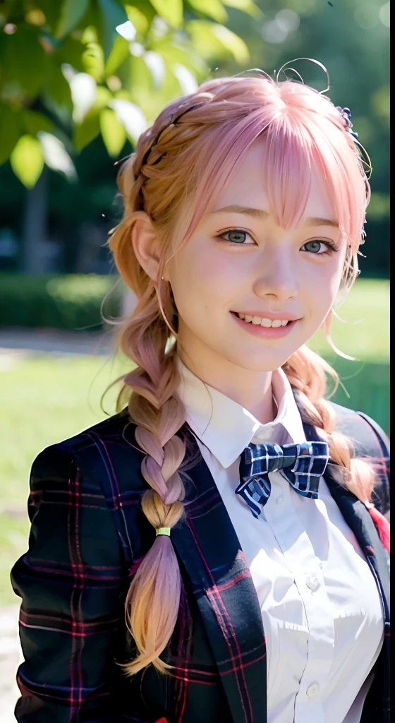 (ultra-detailliert), Tartan check jacket,high-school uniform、Blue eyes,The upper part of the body、a closeup、faces、(A smile:1.5),(facing front:1.2), 20yr old, teens girl,no tail,(no tail),2D, ​masterpiece, top-quality, animesque, A detailed eye, A detailed face, girl with, Only 1 person,Medium hair with pink hair, (Golden hair),  Ear Hair, small tits, Single braid, (Single braid), (Side braid), Golden Ribbon, Ribbon around the neck, Background inside the school