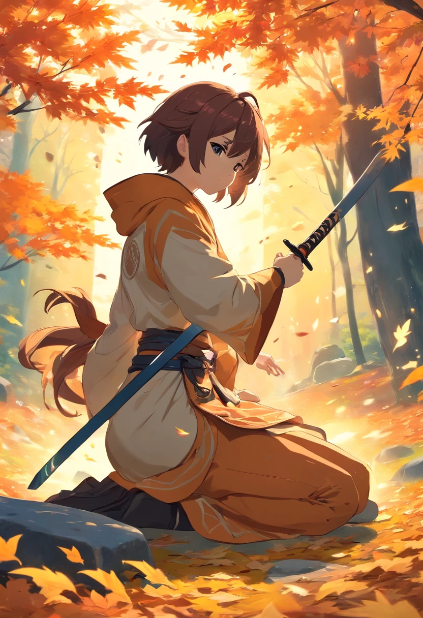 Kaedahara Kazuha , genshin impact, archon statue, wind current, holding katana, wind, leaves, maple leaves, looking at ground, cinematic, high resolution, detailed, artwork, kneeling down,