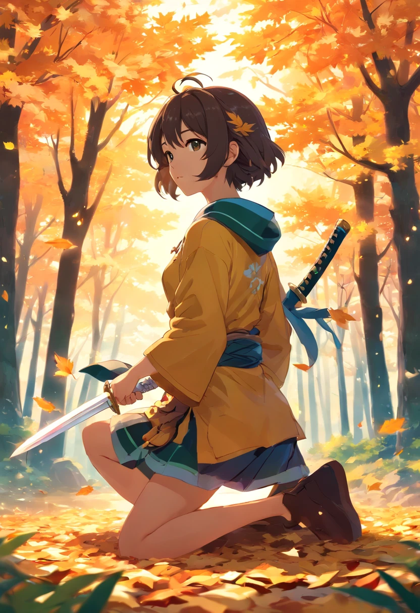 Kaedahara Kazuha , genshin impact, archon statue, wind current, holding katana, wind, leaves, maple leaves, looking at ground, cinematic, high resolution, detailed, artwork, kneeling down,