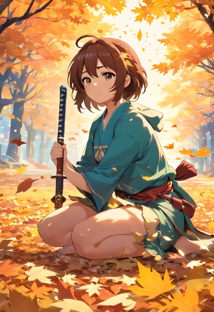 Kaedahara Kazuha , genshin impact, archon statue, wind current, holding katana, wind, leaves, maple leaves, looking at ground, cinematic, high resolution, detailed, artwork, kneeling down,