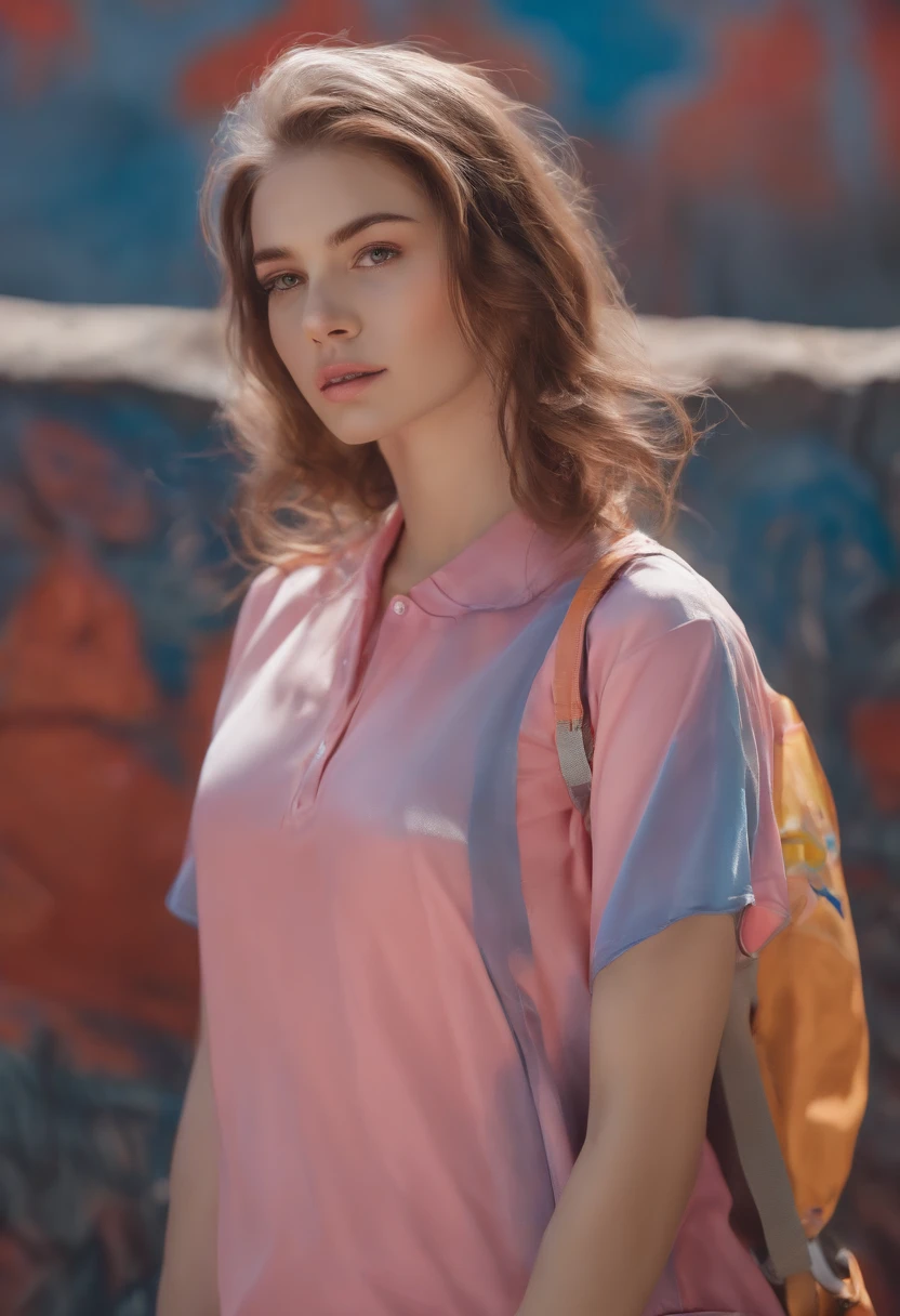 (Best Quality), Masterpiece, Highly detailed CG uniform 8K illustration, High Color, Very high saturation, All the colors have darkened., paints, Graffiti art, Center composition, Very delicate light and shadow, Graffiti Wall, The walls were brightly painted, 1 Girl Doodle 1 Girl looking at the wall, highly detailed face and eyes, middle length hair, Sportswear, Colored clouds