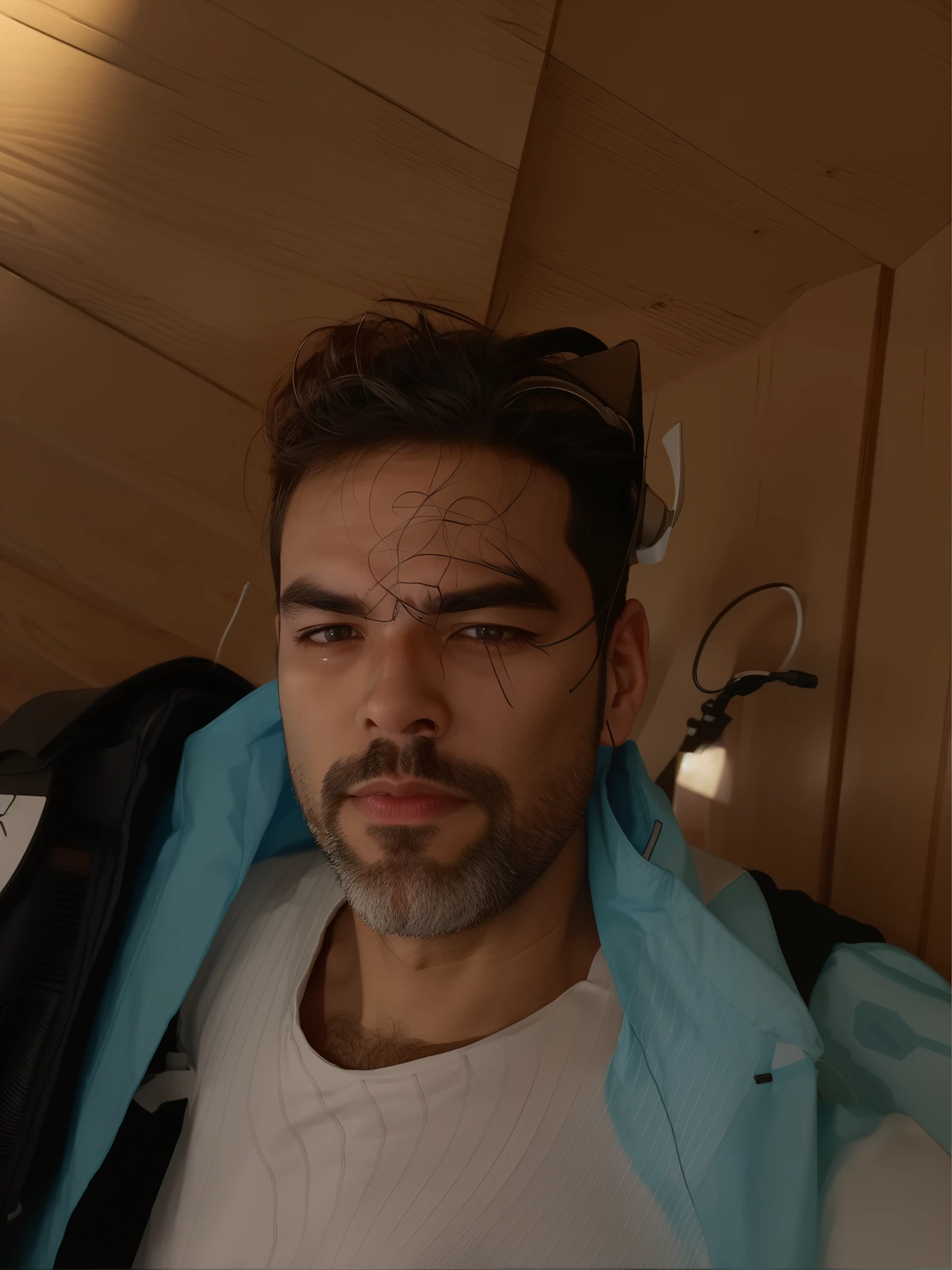 There's a man with a backpack and headphones, com rosto preciso, foto portait foto de perfil, cara bonita, Fotografia selfie 8k, perfil frontal!!!!, sem barba, Vinayak, hero clothes.