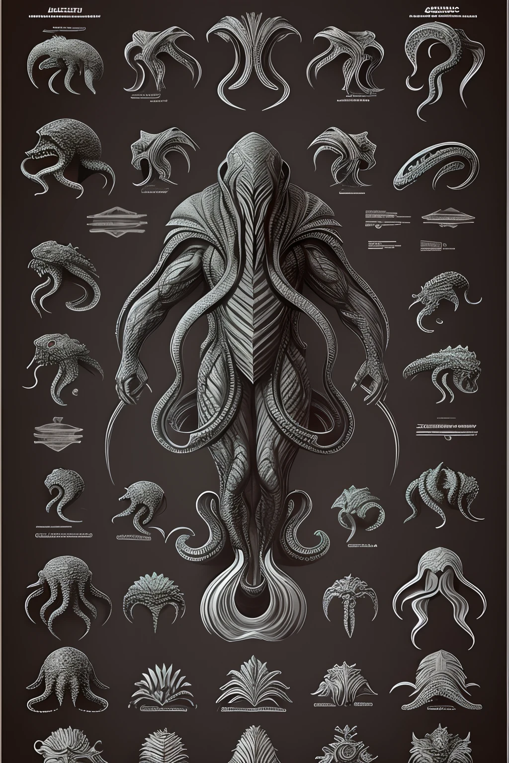 Cthulhu monster, anatomy diagram, dynamic pose