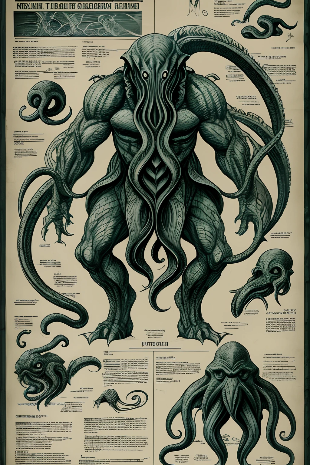 Cthulhu monster, anatomy diagram, dynamic pose