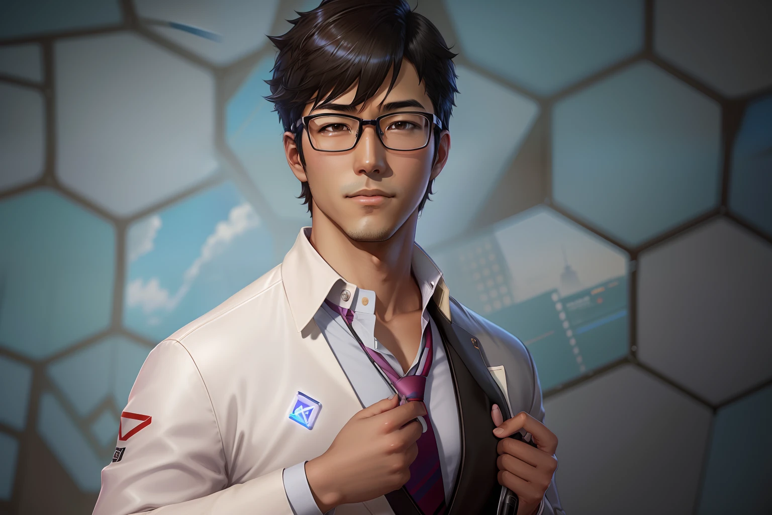 there is a man wearing a tie and glasses posing for a picture, makoto shinkai ( apex legends ), range murata and artgerm, wearing lab coat and glasses, akihiko yoshida 8 k, shiro takatani, marvelous designer substance, masayoshi suto and artgerm, wearing netrunner clothing, naoki ikushima