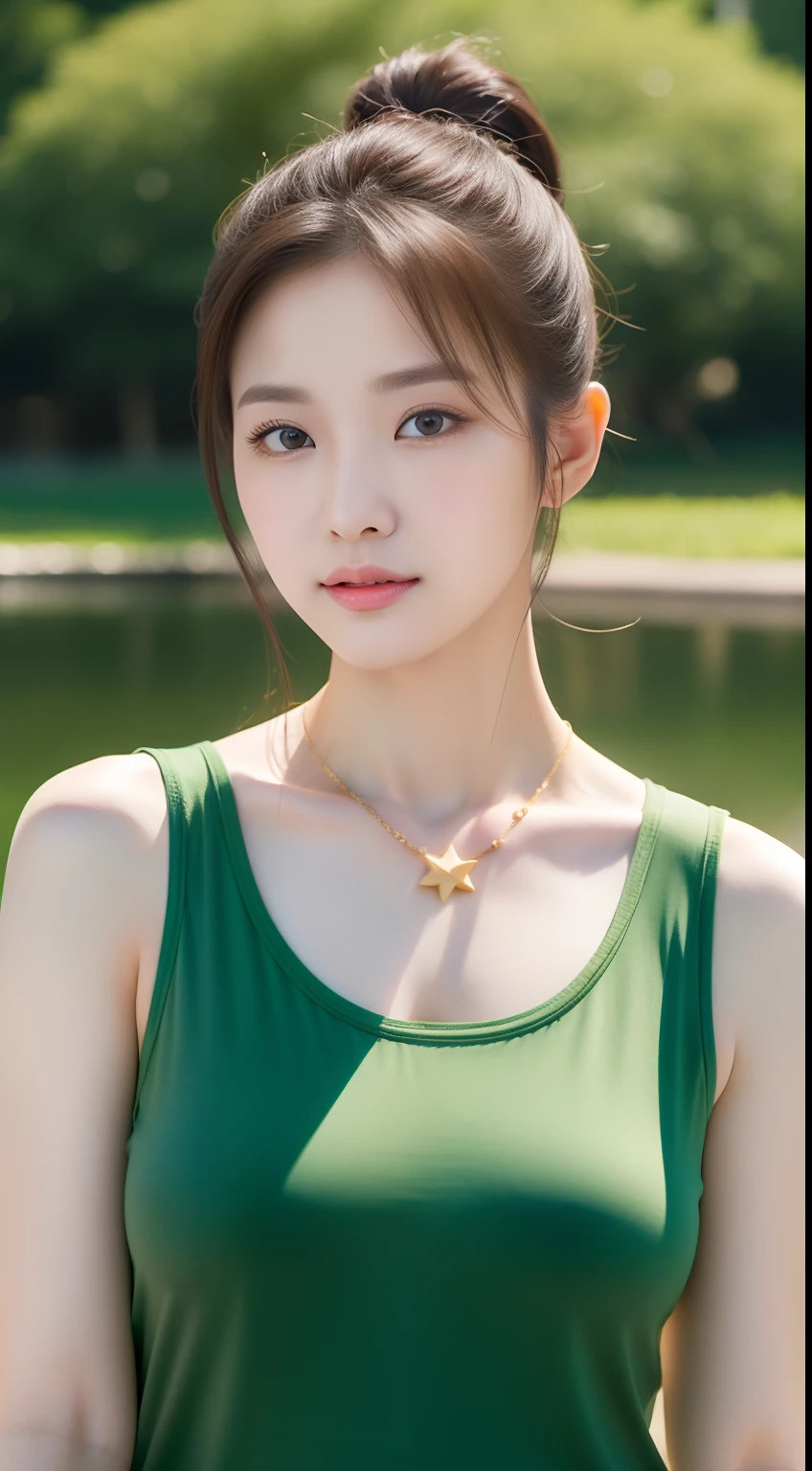 realistic photos of 1 cute Korean star, short ponytail, white skin, thin makeup, 32 inch breasts size, wearing green tank top, necklace, lotus pond is backdrop, sunshine light, upper body portrait, UHD