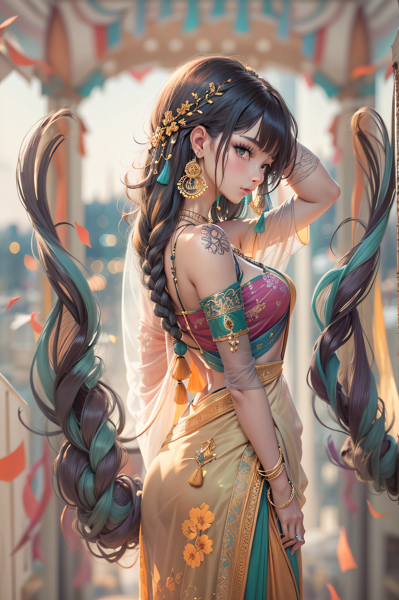 Saree,masutepiece, Best Quality, 超A high resolution,Photon mapping,Best Shadow,Portrait,Beauty details,ultra high detail、long two-tone hair,Single braid,Blunt bangs,medium breasts,city,Chishita,see through, low cut:2, Hair Ornament, earrings, Necklace, Portrait, colorfull dress:2, Looking at Viewer,Solo,Professional Light, Detailed skin,