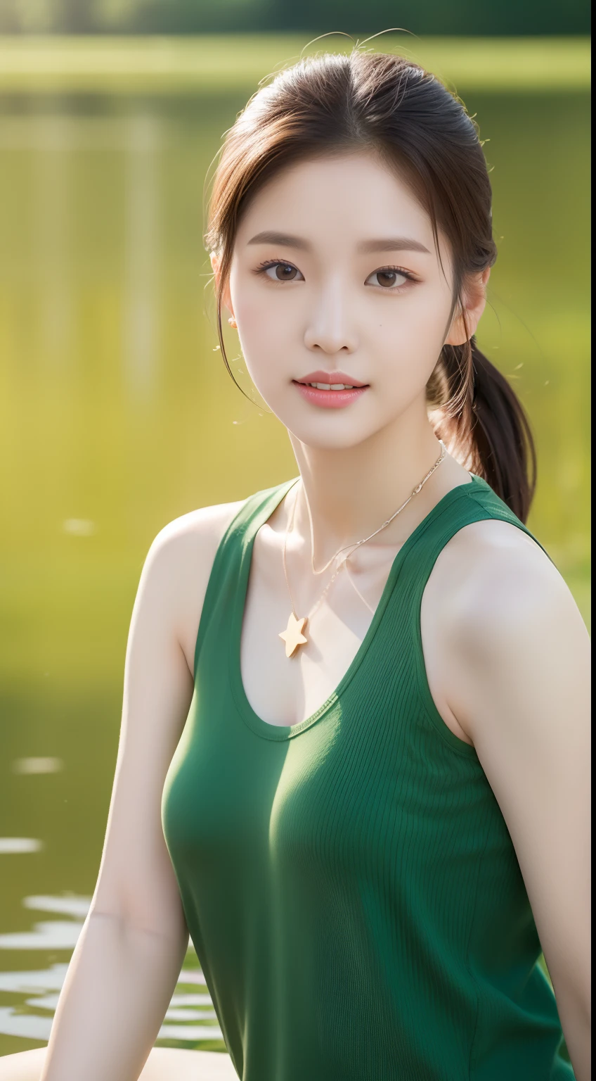 realistic photos of 1 cute Korean star, short ponytail, white skin, thin makeup, 32 inch breasts size, wearing green tank top, necklace, lotus pond is backdrop, sunshine light, upper body portrait, UHD
