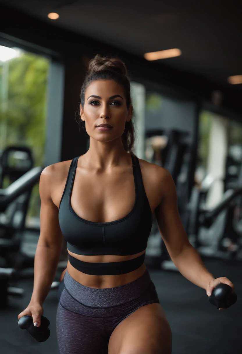 Arafed woman with a gym set of yoga pants and a sports bra, black