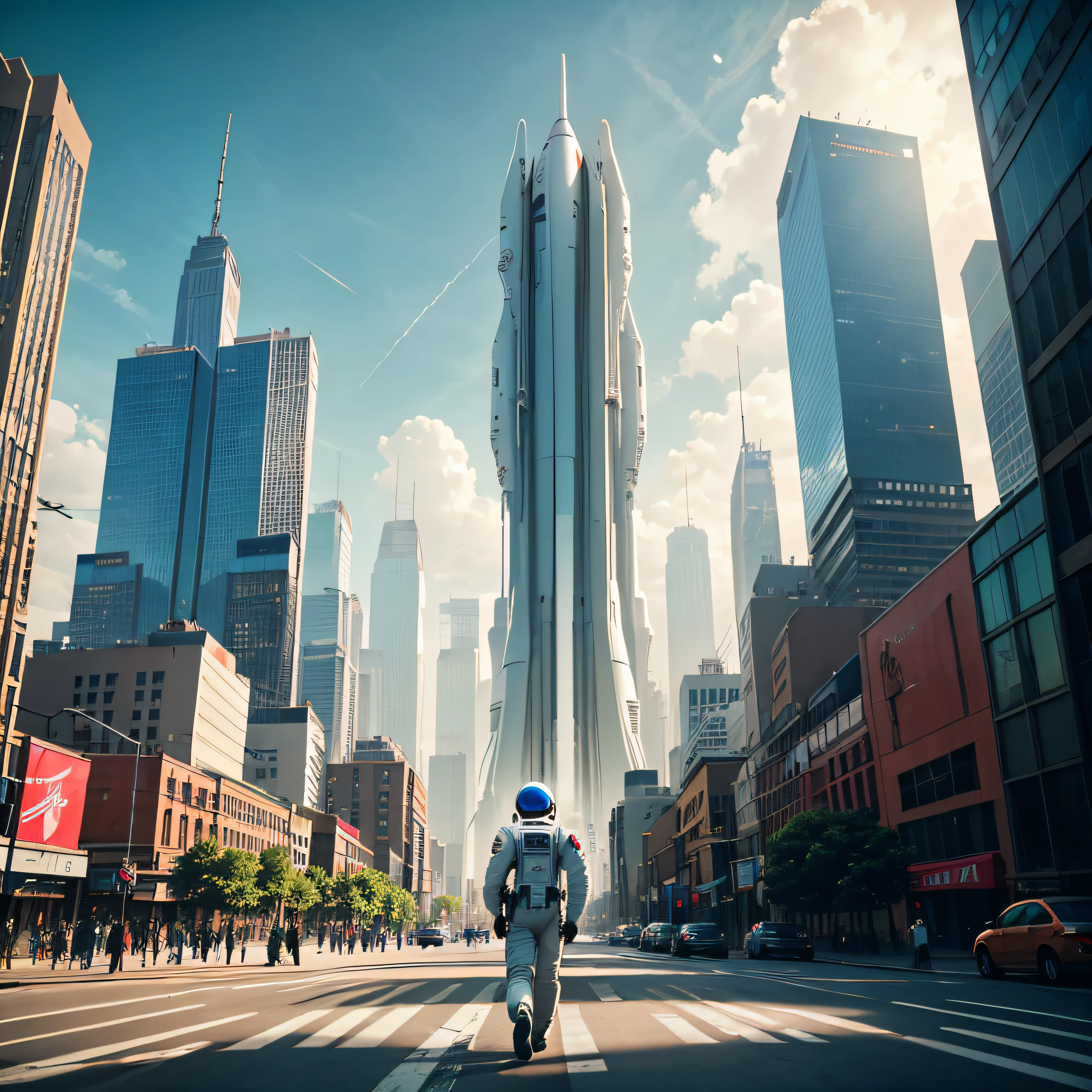 astronaut walking in the middle of a street inside a tall metropolis futuristic, in background a several building and more spacecars in the sky --auto