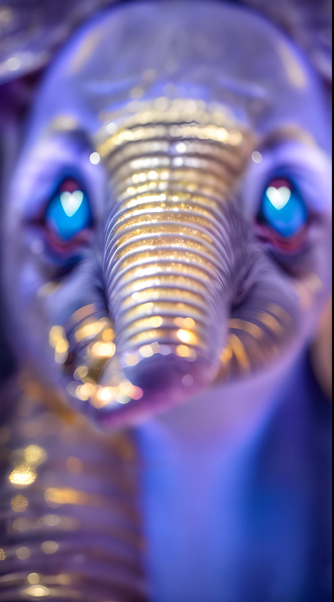 close-up of an elephant with a lot of sequins on its trunk;, Cute elephant, Sparkling eyes, ethereal!!! ultra realistis, 🐋 as 🐘 as 🤖 as 👽 as 🐳, Big shiny eyes, very very very realistic, Adorable glowing creature, Dream of an animal cute eyes, very very realistic, beautiful and cute, golden glitter, detailed beautiful animals