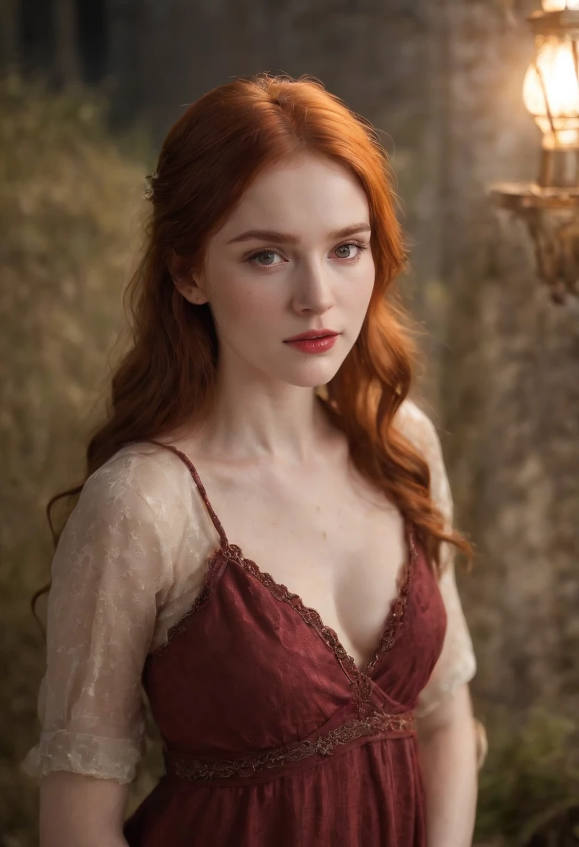 (((a deep reddish wound crosses her left cheek))) full body shot, fair complexion, woman around 19 years old, natural ginger hair, distinctive green eyes, wearing summer dress, no bra, slender and graceful, beautiful, slighlty sexually aroused, petitie breasts, candlelight in a medieval setting, ultra sharp focus, realistic shot, tetradic colors (scar:1.4)