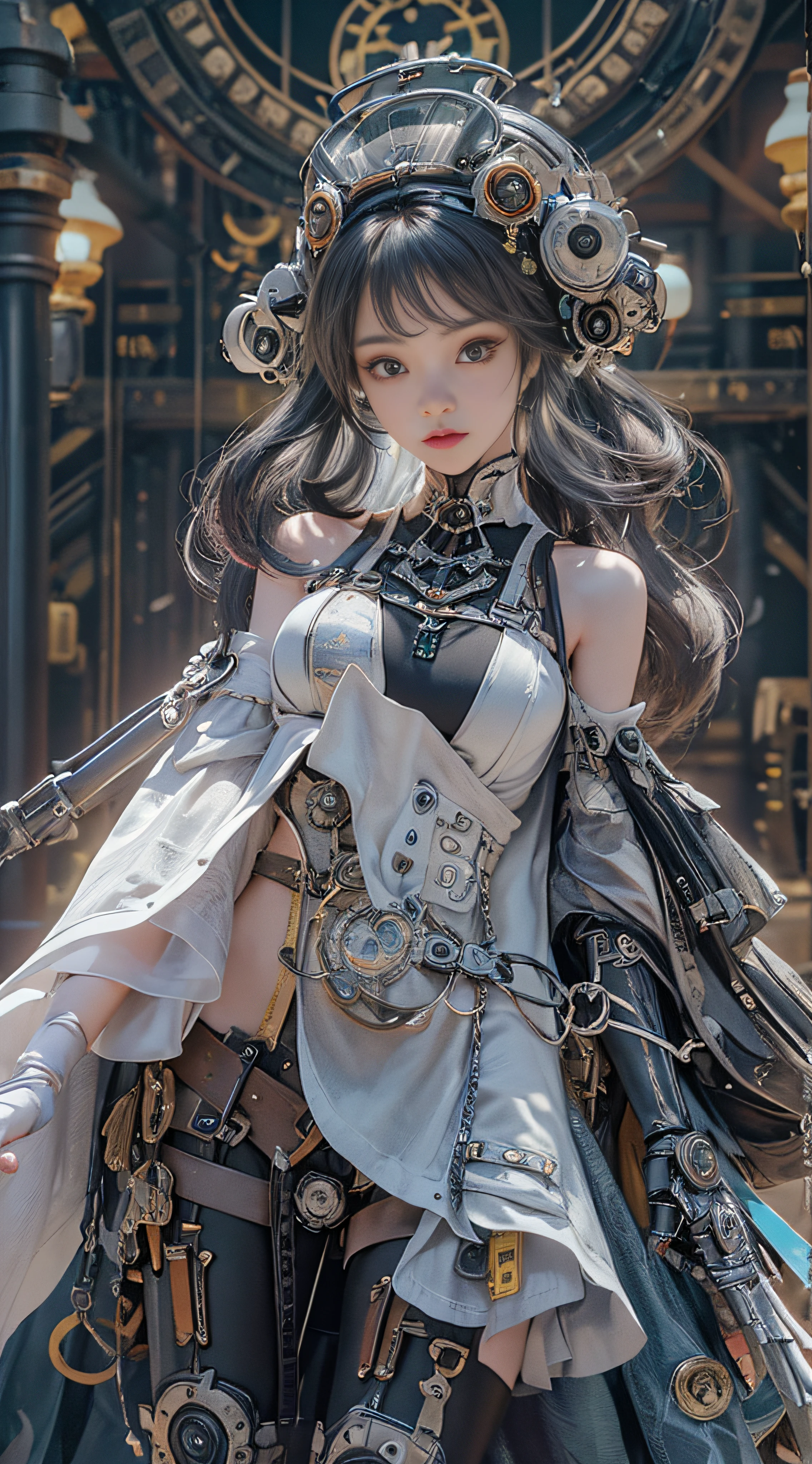 (((masterpiece, top quality, ultra detailed))), (((ultra photo-realistic 3D))), (((dramatic leap in overall accuracy, producing ultra detailed and realistic images))), complex machine j gimmick female android, Dynamic combat action poses, A fusion of very complex mechanical steampunk fashion and overly decorated Gothic ta fashion, Off the shoulders, Fluttering flare mini skirt, Complex mechanical temple steampunk headgear, Very large eyes, very long eyelashes, Black hair blown in the wind, very long thin arms, Complex mechanical gloves, very long thin legs, Complex mechanical over-the-knee stockings, Mandala, Lots of neon gras are crossed and scattered, Have a huge weapon with very complex mechanical devices, A highly complex machine shop surrounded by flames, Very dark night background, Very dramatic and cinematic lighting, (High dynamic range), Ray tracing, NVIDIA RTX, Super Resolution, Unreal 5, Subsurface scattering, PBR Texturing, Post-processing, Anisotropy Filtering, depth of fields, Maximum clarity and sharpness, Multilayer textures, Albedo and specular maps, Surface Shading, Precise simulated light material interactions, Perfect proportions, Octane Rendering, Two-tone lighting, Wide aperture, Low ISO, White Balance, thirds rule, 16K RAW,