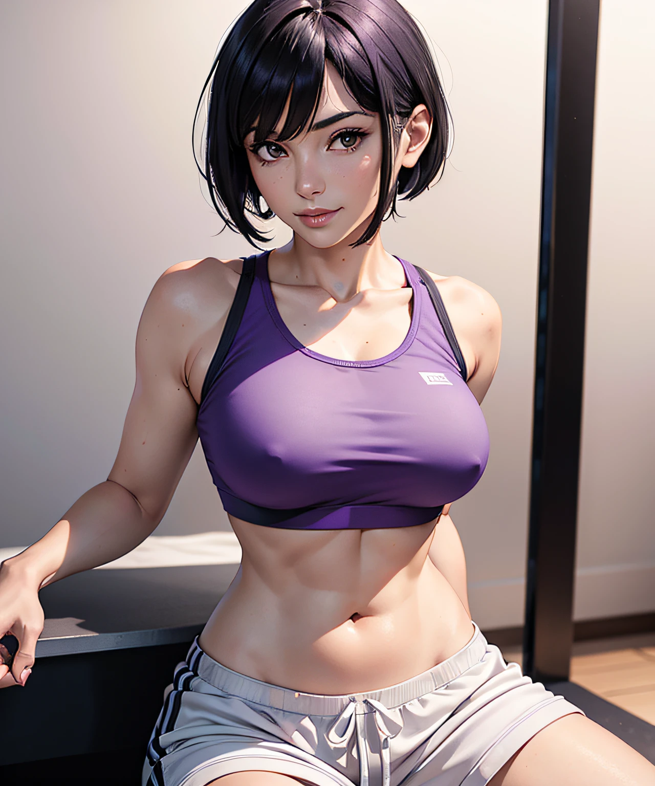 woman in her 50s, (perfect face), beautiful smile, beautiful eyes, (perfect anatomy), athletic body, (sexy), (short black bob cut hair), straight bangs, short pigtails, hair covering ears, (purple sports bra:1.2), (white loose baggy jogging pants:1.2), white arm wraps, (perfect hands), (sitting on a benchpress), (gym background), (medium shot photograph), looking at viewer, realistic nsfw sexy