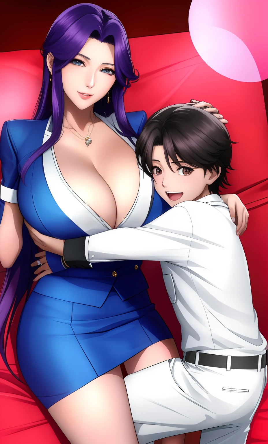 tmasterpiece，best qualityer，(There are only two people:1.3)，Absolutely beautiful，A mature woman and one (Very little:1.2) Boy, Mother and son hug，hugs，huge tit，Stroke the chest,ssmile，  ecchi anime style,