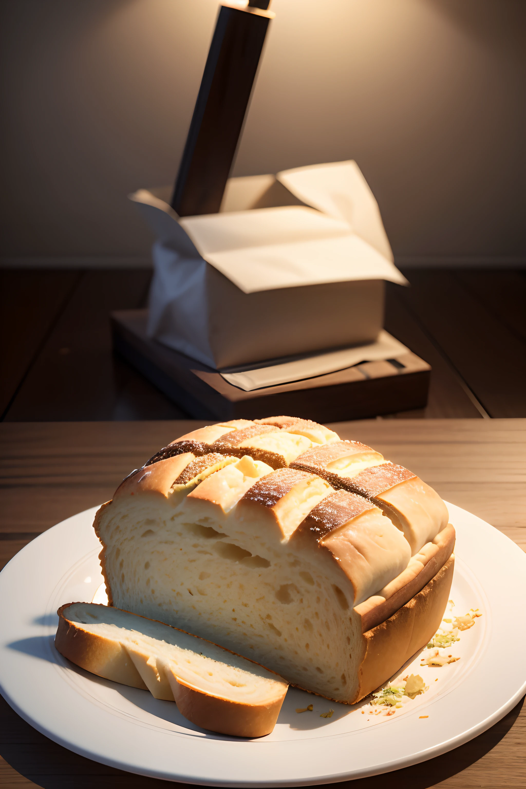 pao,Realistic,3D rendering,ultra-detalhado),a French bread_com_casca com uma crosta perfeitamente dourada, in a realistic 3D rendering. The texture of the bread should be ultra-detailed, with visible crumbs and a crunchy surface. A crosta deve ter uma bela cor dourada profunda, with a slight glow to enhance the realistic effect. The bread should look fresh and inviting, com um interior macio e uma crosta ligeiramente crocante. Lighting should emphasize the texture and highlight the golden color of the crust