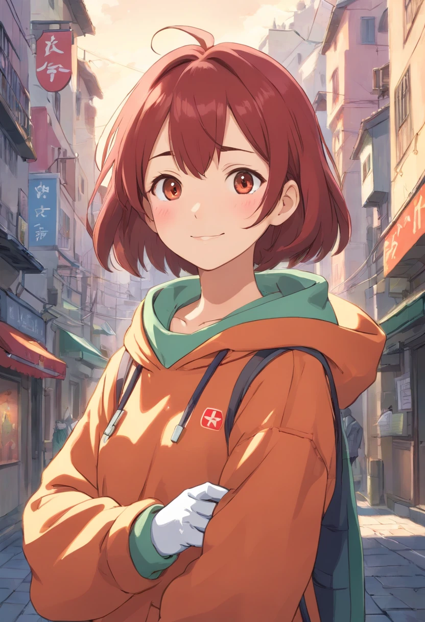 master work, best qualtiy, detaileds, yui, 超A high resolution, 1girl in, cityscapes, depth of fields, low, Pose Seductive, Chest curtain, gloves, smiling, careful, compassionate, interact, Friendly, The warm, short-haired, medium breasts, Beautiful brown eyes, décolleté, perspiring, Redness, hard breathing, Urban clothing, Hoodie, surgical mask, Medical gloves
