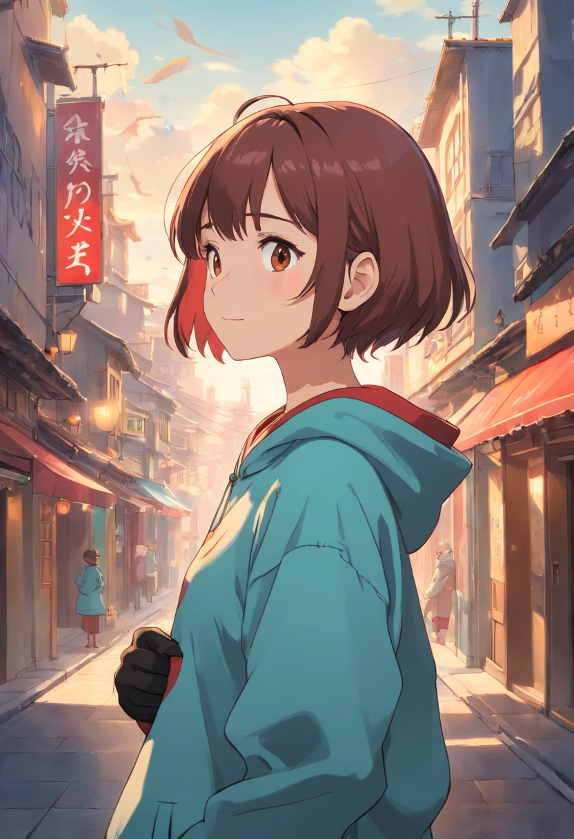 master work, best qualtiy, detaileds, yui, 超A high resolution, 1girl in, cityscapes, depth of fields, low, Pose Seductive, Chest curtain, gloves, smiling, careful, compassionate, interact, Friendly, The warm, short-haired, medium breasts, Beautiful brown eyes, décolleté, perspiring, Redness, hard breathing, Urban clothing, Hoodie, surgical mask, Medical gloves